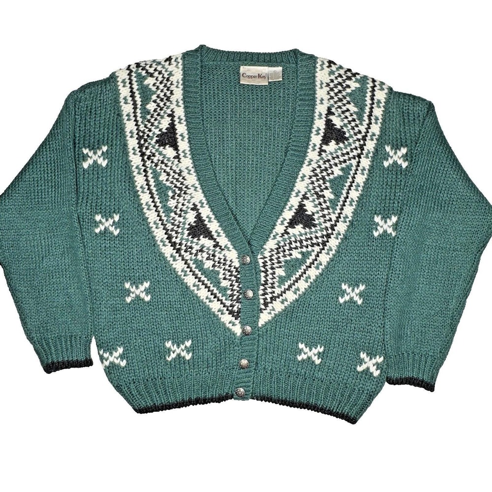 Vtg Copper Key Cardigan Sweater Women L Teal Green Nordic Geometric Knit Grandpa